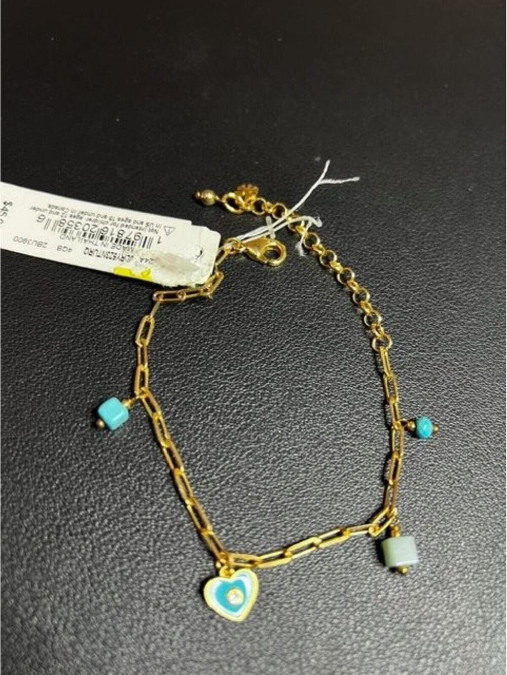 B4820 Lucky Brand Paperclip Charm Bracelet 6.5-8.5" Heart Turquoise